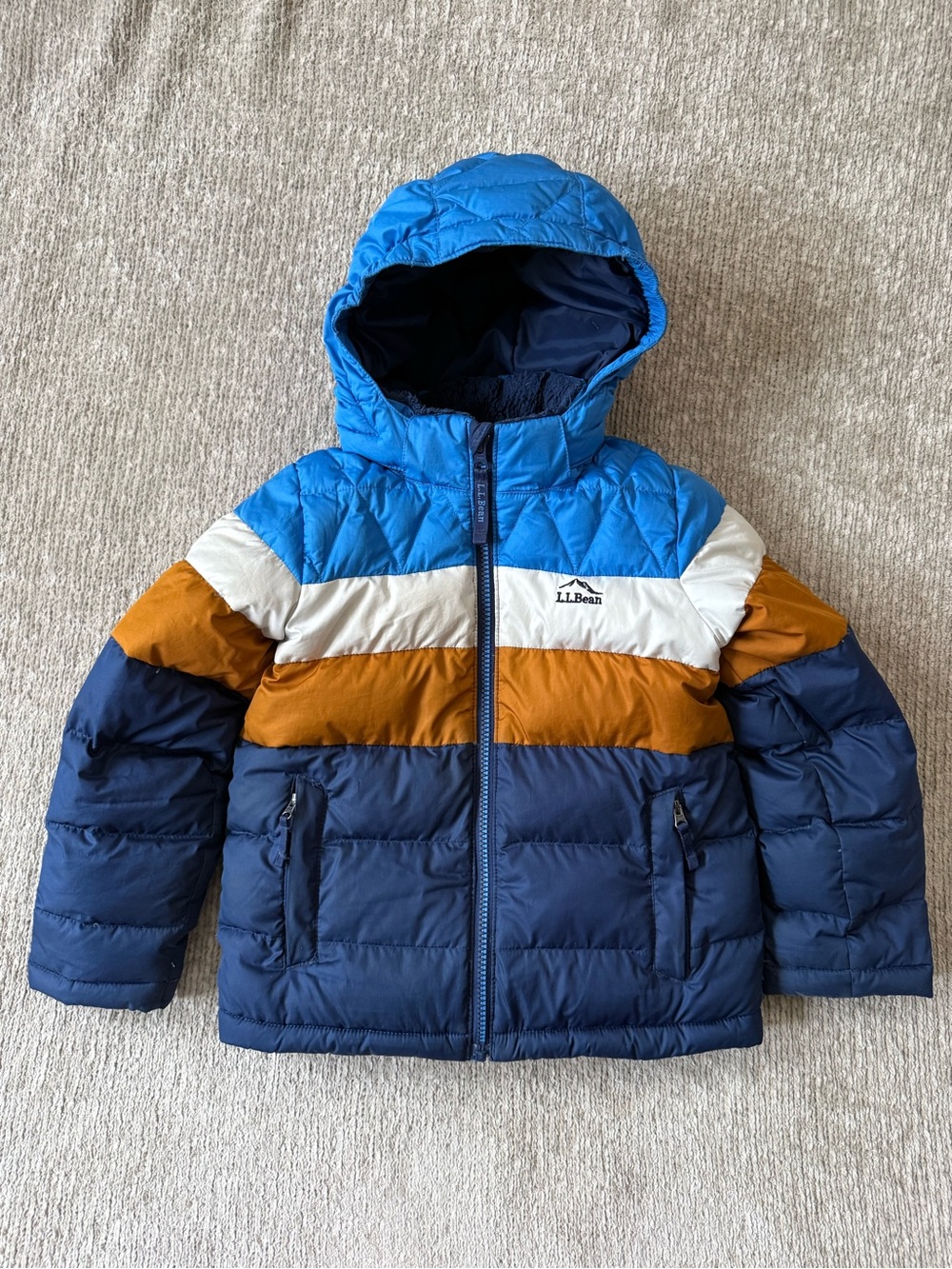 L.L.Bean Kids M 5-6 Down Puffer Jacket Colorblock Removable Hood